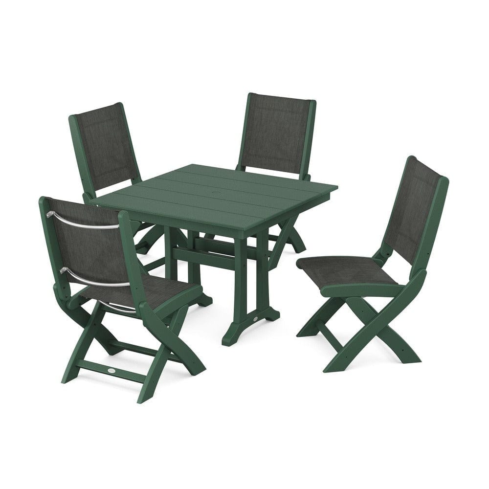 POLYWOOD® Outdoor Furniture Green / Ember Sling POLYWOOD® - Coastal Folding Side Chair 5-Piece Farmhouse Dining Set With Trestle Legs - PWS946