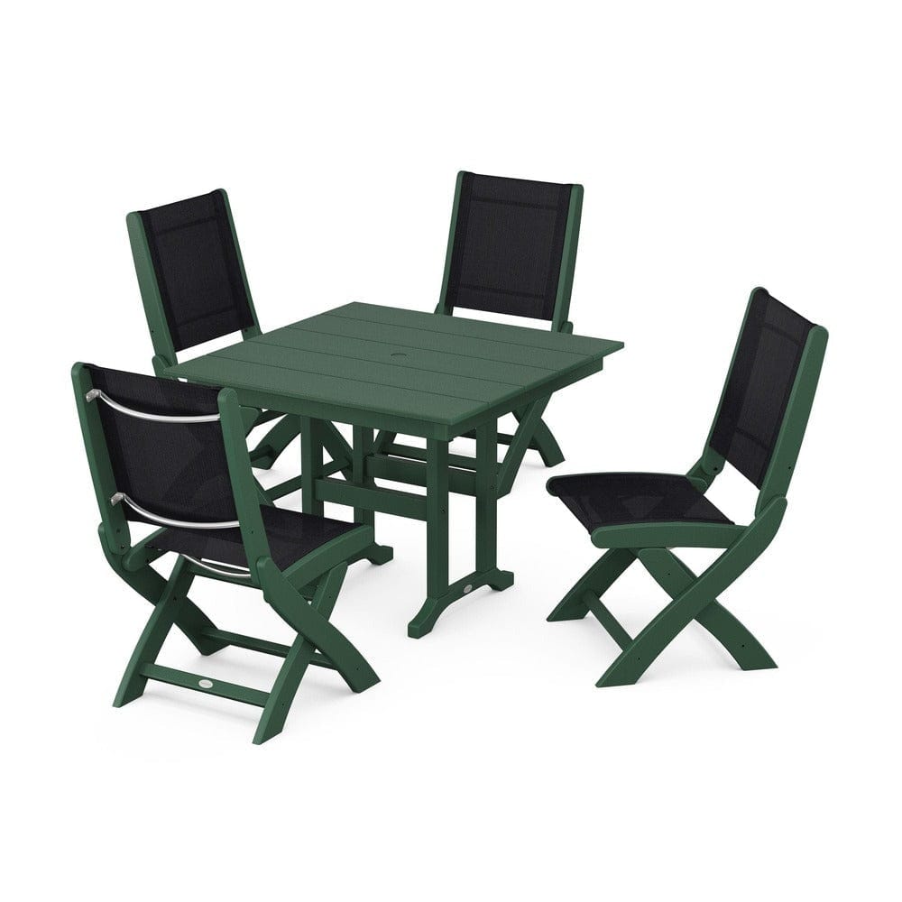 POLYWOOD® Outdoor Furniture Green / Black Sling POLYWOOD® - Coastal Folding Side Chair 5-Piece Farmhouse Dining Set - PWS1143