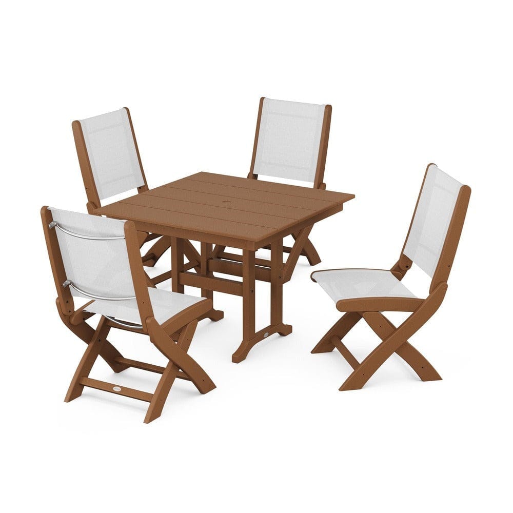 POLYWOOD® Outdoor Furniture Teak / White Sling POLYWOOD® - Coastal Folding Side Chair 5-Piece Farmhouse Dining Set - PWS1143