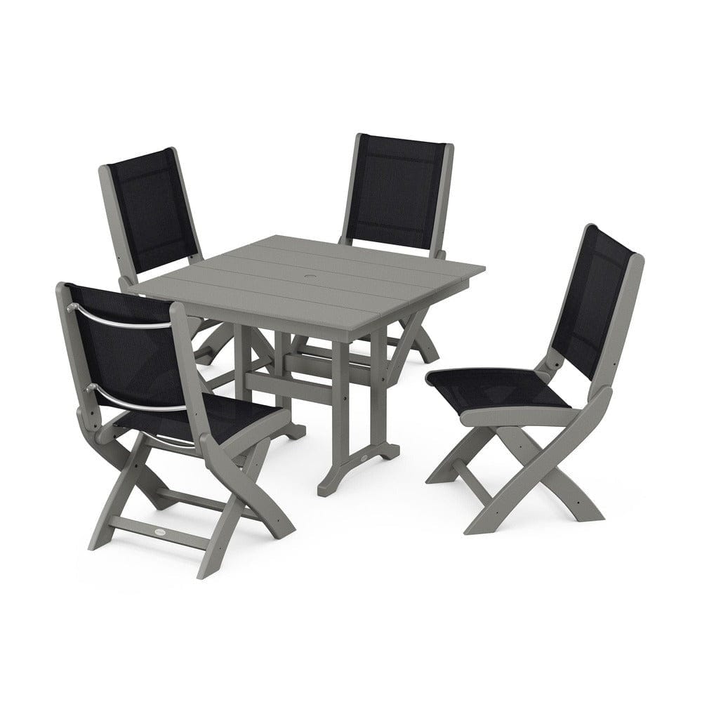 POLYWOOD® Outdoor Furniture Slate Grey / Black Sling POLYWOOD® - Coastal Folding Side Chair 5-Piece Farmhouse Dining Set - PWS1143