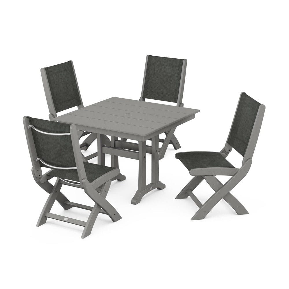 POLYWOOD® Outdoor Furniture Slate Grey / Ember Sling POLYWOOD® - Coastal Folding Side Chair 5-Piece Farmhouse Dining Set With Trestle Legs - PWS946