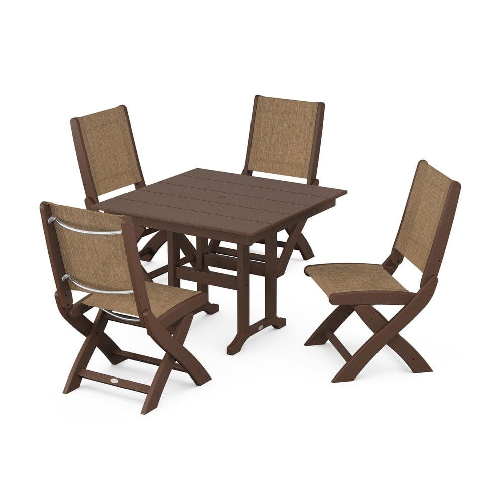 POLYWOOD® Outdoor Furniture Mahogany / Burlap Sling POLYWOOD® - Coastal Folding Side Chair 5-Piece Farmhouse Dining Set - PWS1143