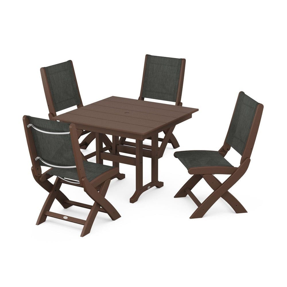 POLYWOOD® Outdoor Furniture Mahogany / Ember Sling POLYWOOD® - Coastal Folding Side Chair 5-Piece Farmhouse Dining Set - PWS1143