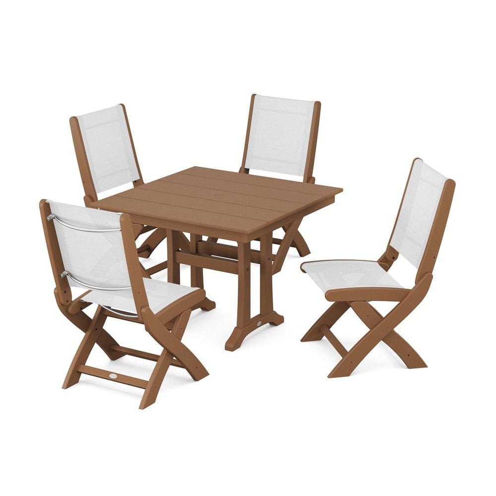 POLYWOOD® Outdoor Furniture Teak / White Sling POLYWOOD® - Coastal Folding Side Chair 5-Piece Farmhouse Dining Set With Trestle Legs - PWS946