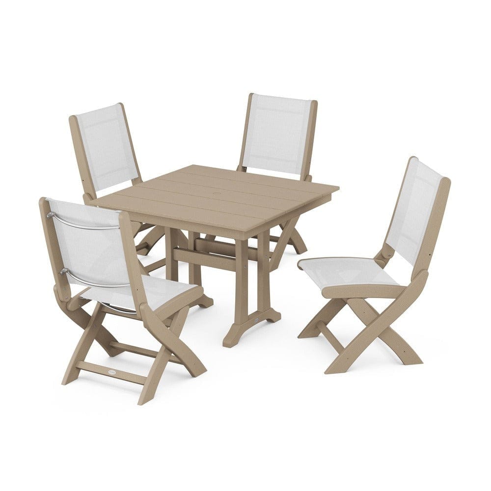POLYWOOD® Outdoor Furniture Vintage Sahara / White Sling POLYWOOD® - Coastal Folding Side Chair 5-Piece Farmhouse Dining Set With Trestle Legs - PWS946