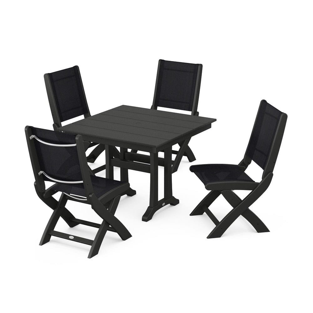 POLYWOOD® Outdoor Furniture Black / Black Sling POLYWOOD® - Coastal Folding Side Chair 5-Piece Farmhouse Dining Set With Trestle Legs - PWS946