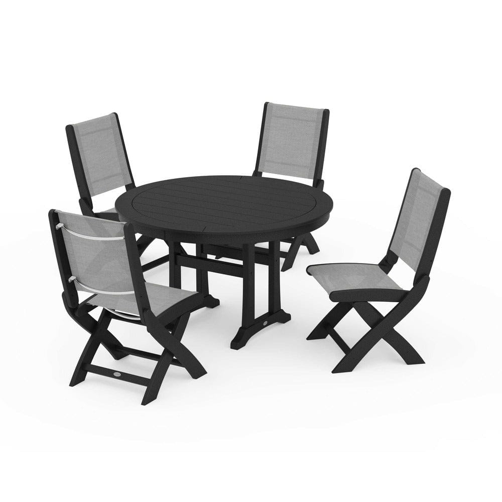 POLYWOOD® Outdoor Furniture Black / Metallic Sling POLYWOOD® - Coastal Folding Side Chair 5-Piece Round Dining Set With Trestle Legs - PWS1121
