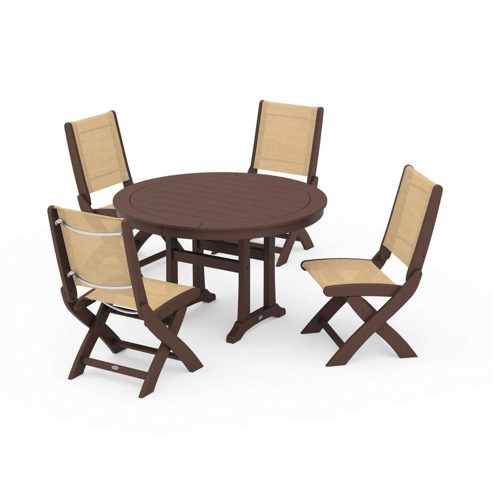 POLYWOOD® Outdoor Furniture Mahogany / Dupioni Apricot Sling POLYWOOD® - Coastal Folding Side Chair 5-Piece Round Dining Set With Trestle Legs - PWS1121