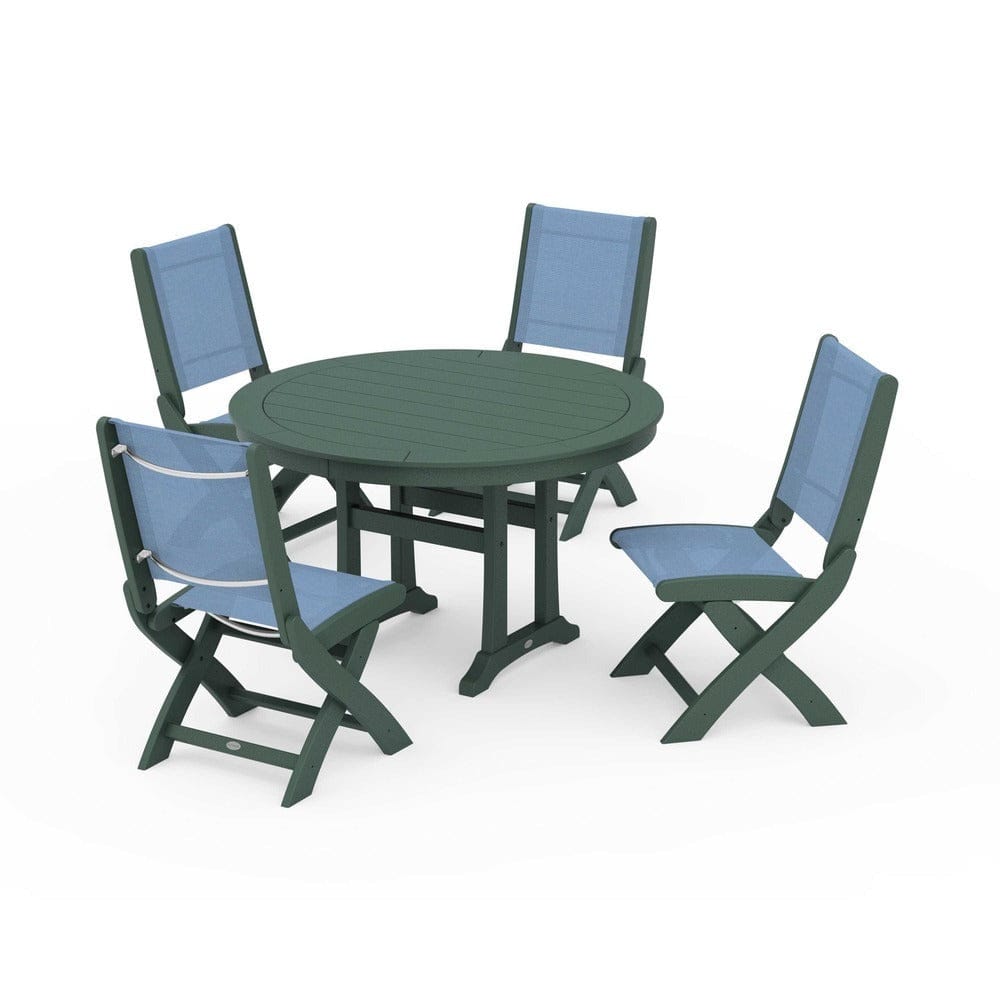 POLYWOOD® Outdoor Furniture Green / Poolside Sling POLYWOOD® - Coastal Folding Side Chair 5-Piece Round Dining Set With Trestle Legs - PWS1121