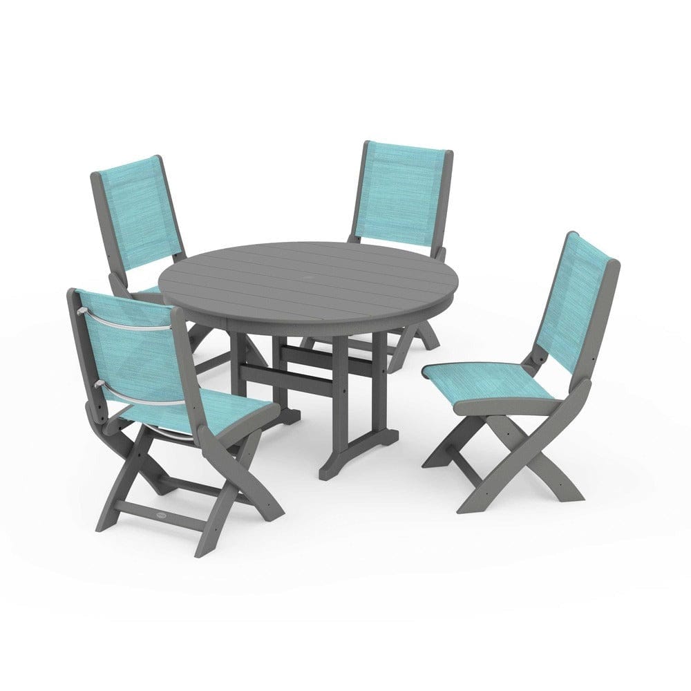 POLYWOOD® Outdoor Furniture Slate Grey / Dupioni Aquamarine Sling POLYWOOD® - Coastal Folding Side Chair 5-Piece Round Dining Set - PWS1358