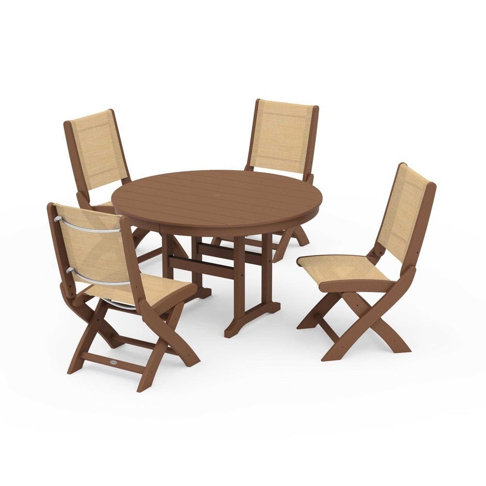 POLYWOOD® Outdoor Furniture Teak / Dupioni Apricot Sling POLYWOOD® - Coastal Folding Side Chair 5-Piece Round Dining Set - PWS1358