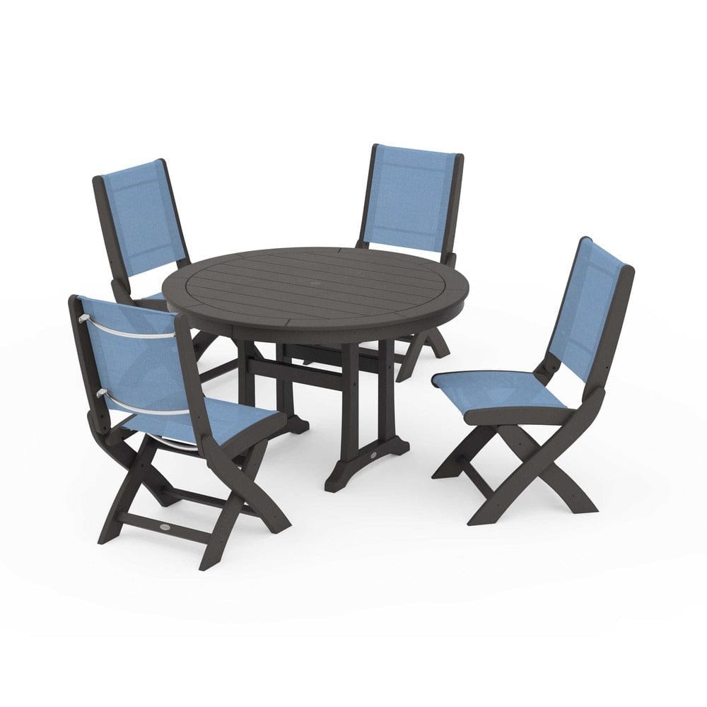 POLYWOOD® Outdoor Furniture Vintage Coffee / Poolside Sling POLYWOOD® - Coastal Folding Side Chair 5-Piece Round Dining Set With Trestle Legs - PWS1121
