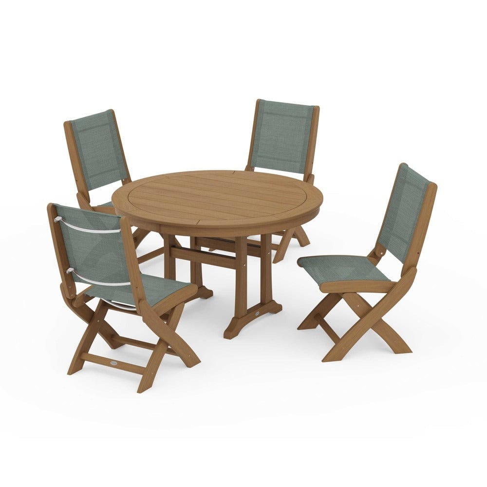 POLYWOOD® Outdoor Furniture POLYWOOD® - Coastal Folding Side Chair 5-Piece Round Dining Set With Trestle Legs - PWS1121