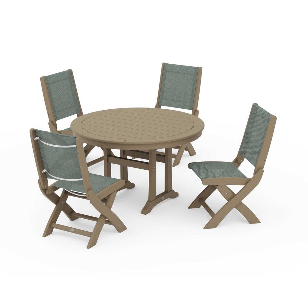 POLYWOOD® Outdoor Furniture POLYWOOD® - Coastal Folding Side Chair 5-Piece Round Dining Set With Trestle Legs - PWS1121