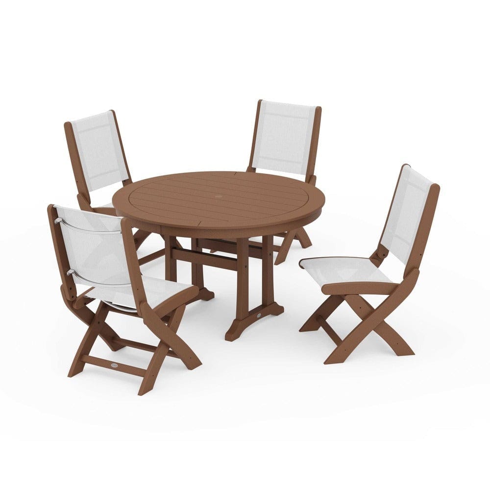 POLYWOOD® Outdoor Furniture Teak / White Sling POLYWOOD® - Coastal Folding Side Chair 5-Piece Round Dining Set With Trestle Legs - PWS1121