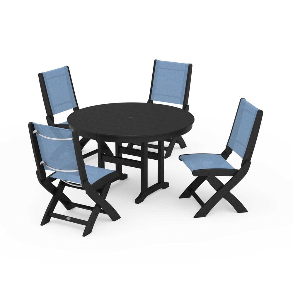 POLYWOOD® Outdoor Furniture Black / Poolside Sling POLYWOOD® - Coastal Folding Side Chair 5-Piece Round Dining Set - PWS1358