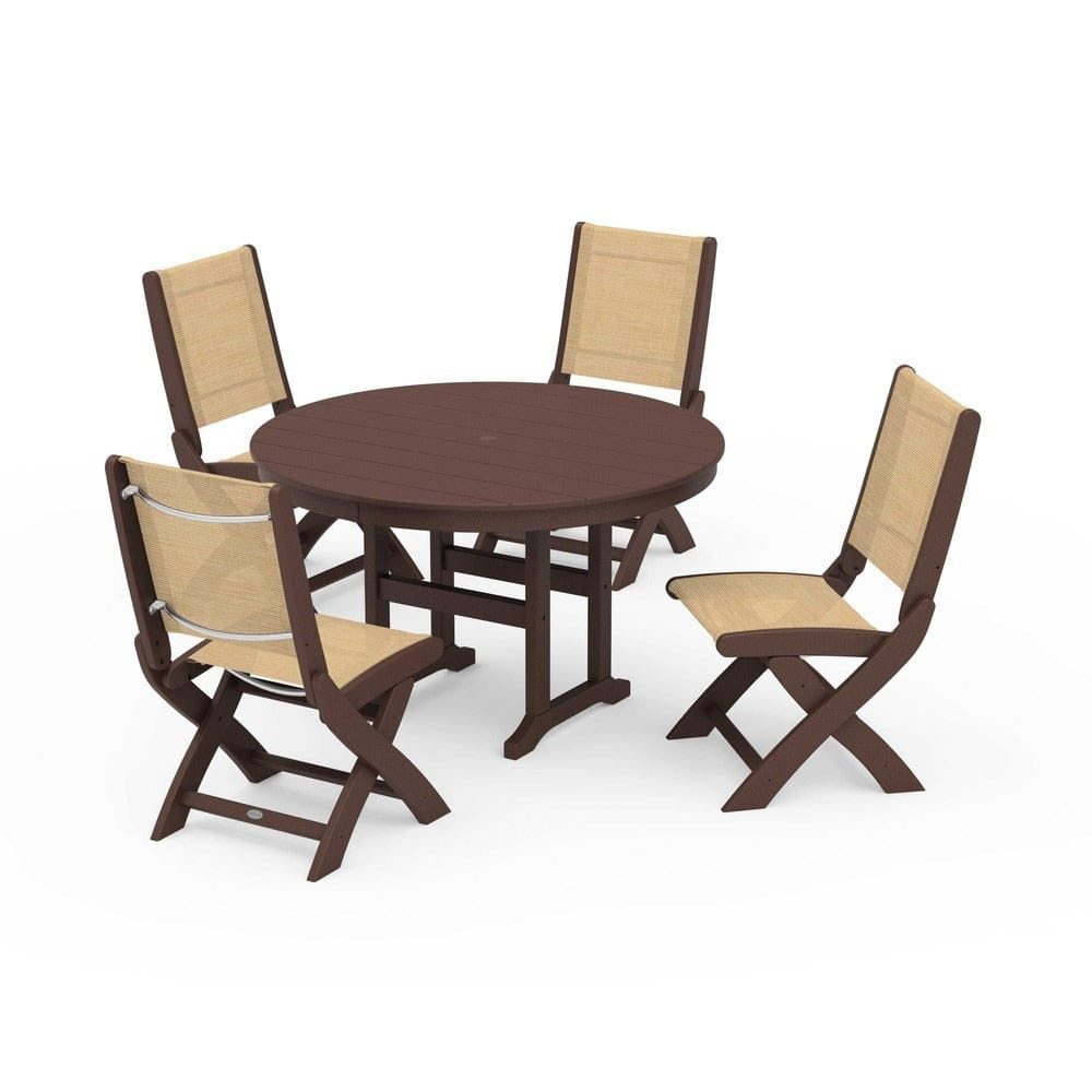 POLYWOOD® Outdoor Furniture Mahogany / Dupioni Apricot Sling POLYWOOD® - Coastal Folding Side Chair 5-Piece Round Dining Set - PWS1358