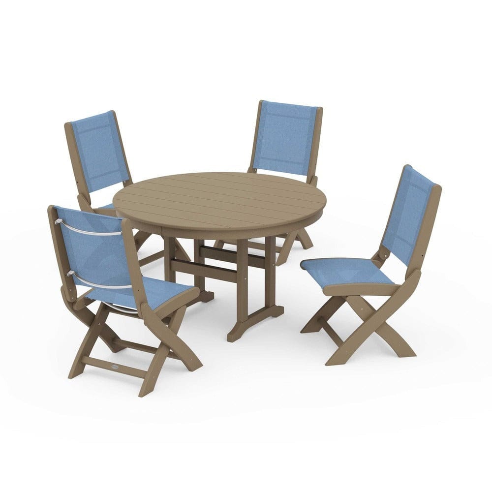 POLYWOOD® Outdoor Furniture Vintage Sahara / Poolside Sling POLYWOOD® - Coastal Folding Side Chair 5-Piece Round Dining Set - PWS1358