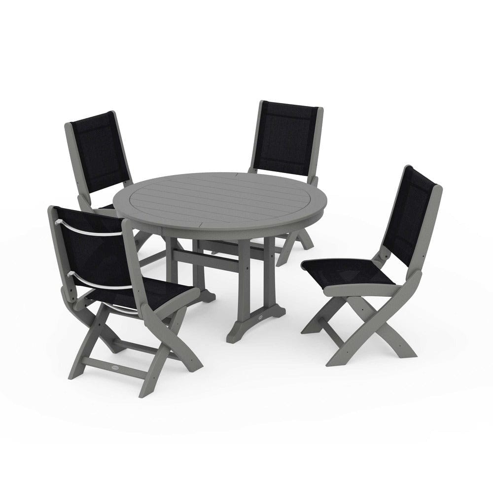 POLYWOOD® Outdoor Furniture Slate Grey / Black Sling POLYWOOD® - Coastal Folding Side Chair 5-Piece Round Dining Set With Trestle Legs - PWS1121