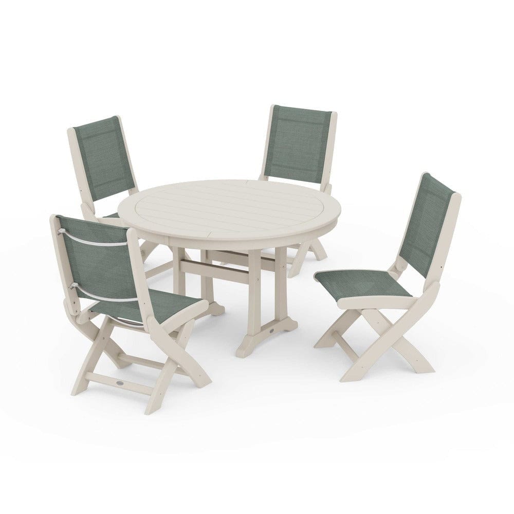POLYWOOD® Outdoor Furniture Sand / Dupioni Sea Mist Sling POLYWOOD® - Coastal Folding Side Chair 5-Piece Round Dining Set With Trestle Legs - PWS1121