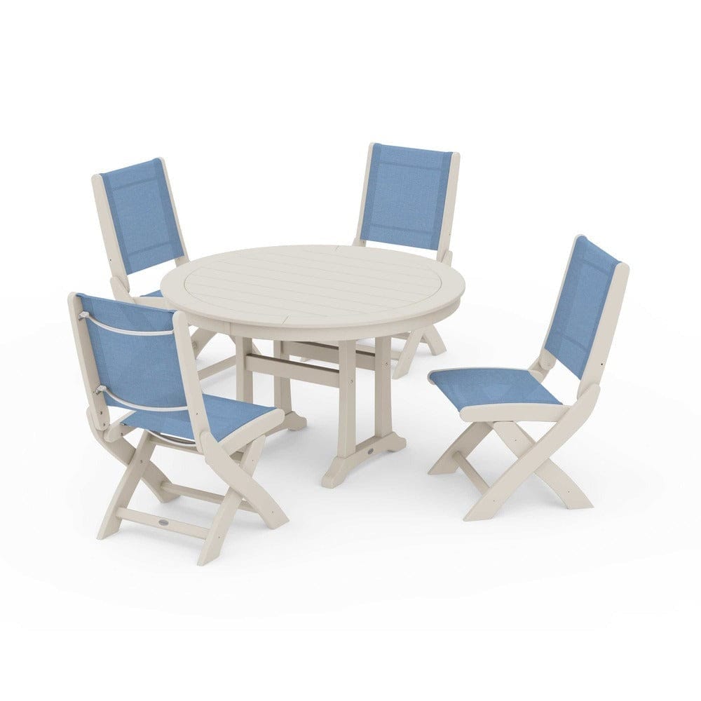 POLYWOOD® Outdoor Furniture Sand / Poolside Sling POLYWOOD® - Coastal Folding Side Chair 5-Piece Round Dining Set With Trestle Legs - PWS1121