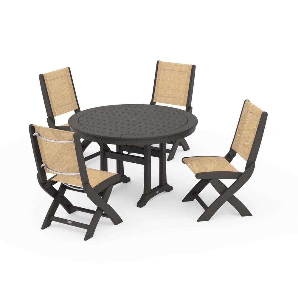 POLYWOOD® Outdoor Furniture Vintage Coffee / Dupioni Apricot Sling POLYWOOD® - Coastal Folding Side Chair 5-Piece Round Dining Set With Trestle Legs - PWS1121