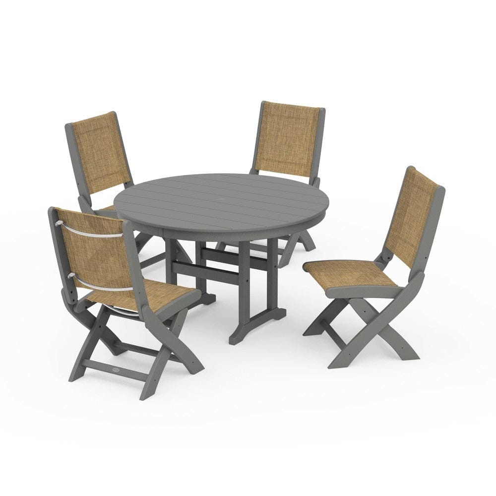 POLYWOOD® Outdoor Furniture Slate Grey / Burlap Sling POLYWOOD® - Coastal Folding Side Chair 5-Piece Round Dining Set - PWS1358