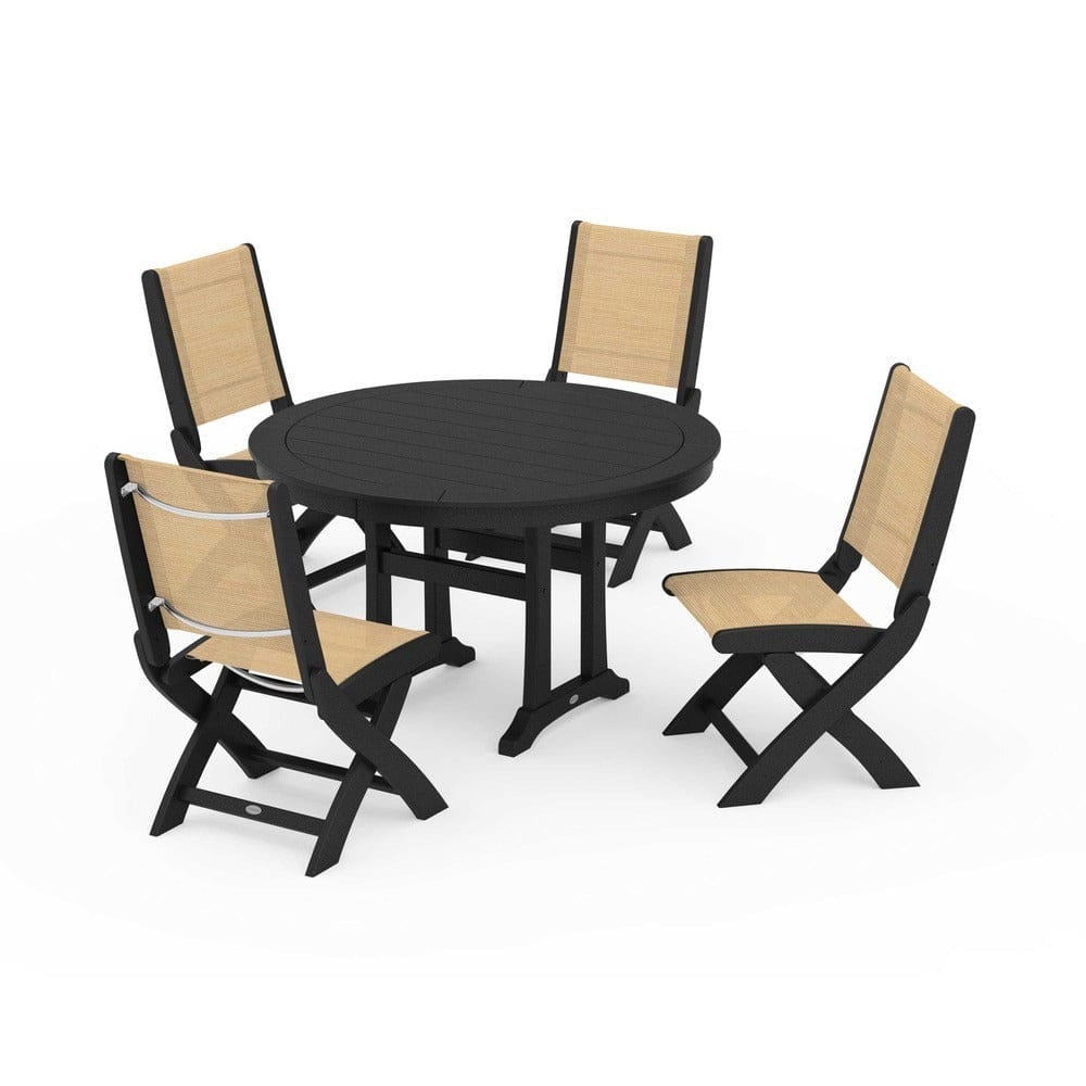 POLYWOOD® Outdoor Furniture Black / Dupioni Apricot Sling POLYWOOD® - Coastal Folding Side Chair 5-Piece Round Dining Set With Trestle Legs - PWS1121