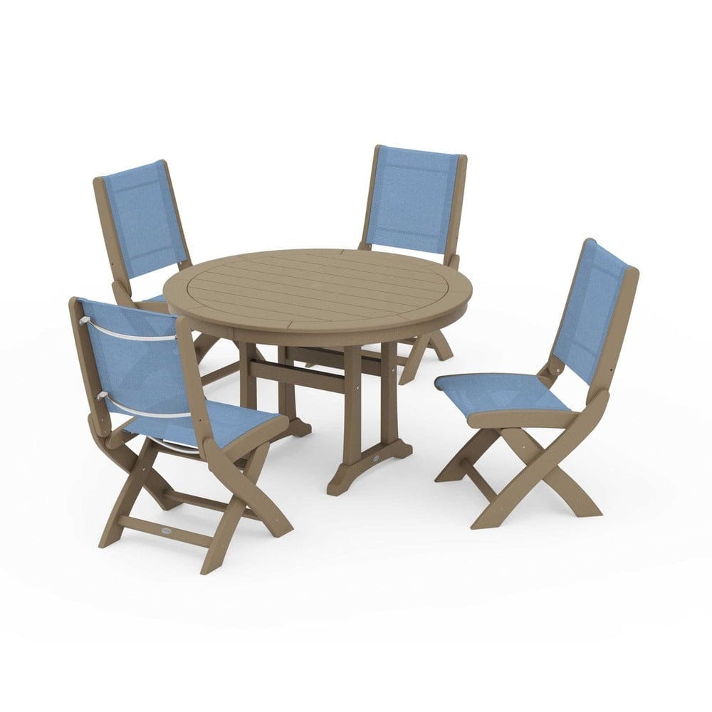 POLYWOOD® Outdoor Furniture Vintage Sahara / Poolside Sling POLYWOOD® - Coastal Folding Side Chair 5-Piece Round Dining Set With Trestle Legs - PWS1121