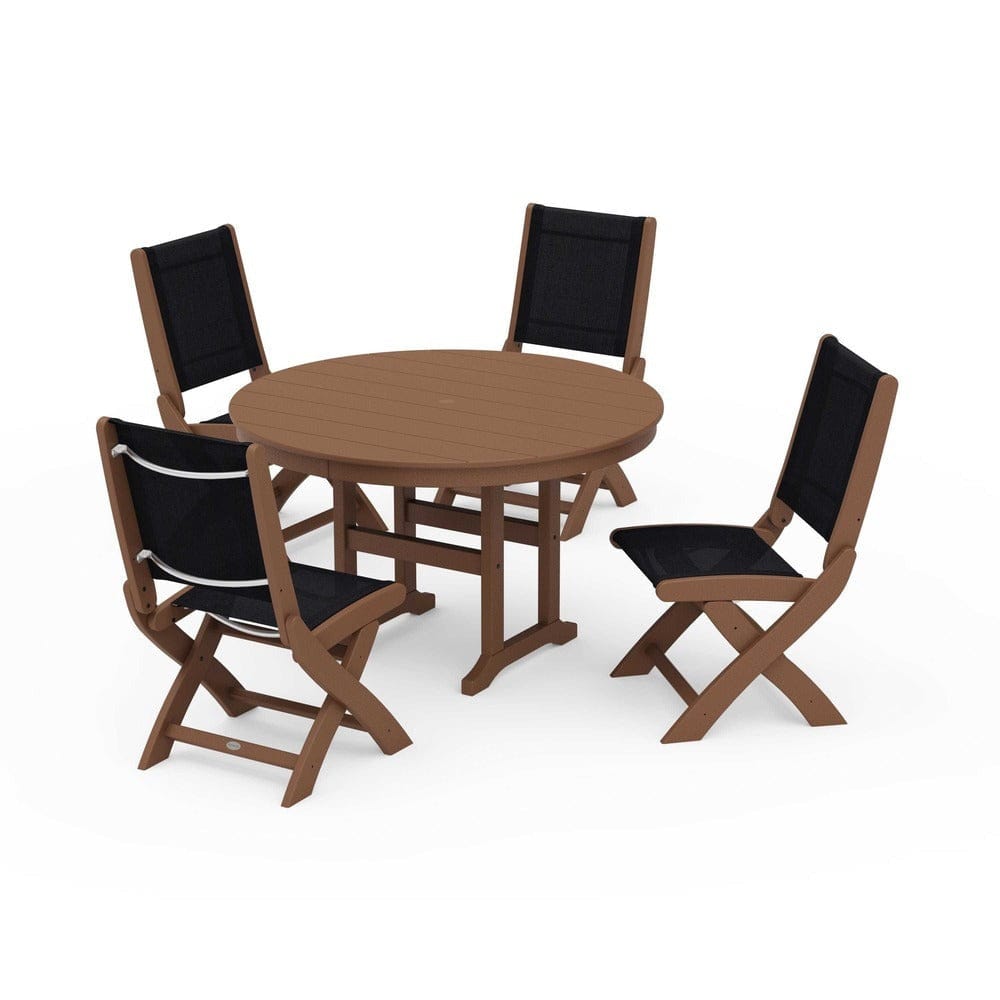 POLYWOOD® Outdoor Furniture Teak / Black Sling POLYWOOD® - Coastal Folding Side Chair 5-Piece Round Dining Set - PWS1358