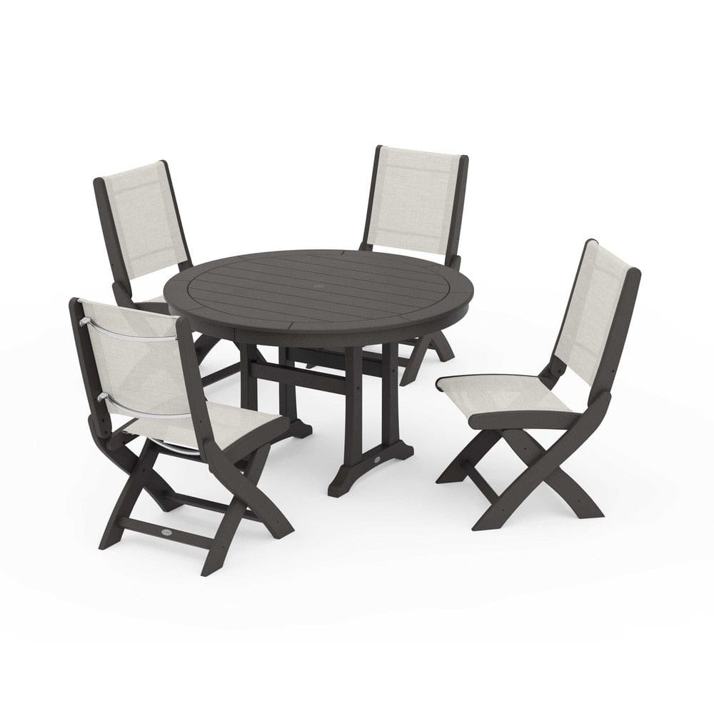 POLYWOOD® Outdoor Furniture Vintage Coffee / Parchment Sling POLYWOOD® - Coastal Folding Side Chair 5-Piece Round Dining Set With Trestle Legs - PWS1121