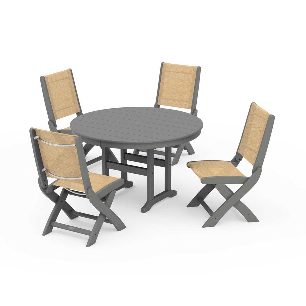 POLYWOOD® Outdoor Furniture Slate Grey / Dupioni Apricot Sling POLYWOOD® - Coastal Folding Side Chair 5-Piece Round Dining Set - PWS1358