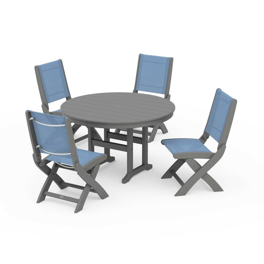 POLYWOOD® Outdoor Furniture Slate Grey / Poolside Sling POLYWOOD® - Coastal Folding Side Chair 5-Piece Round Dining Set - PWS1358