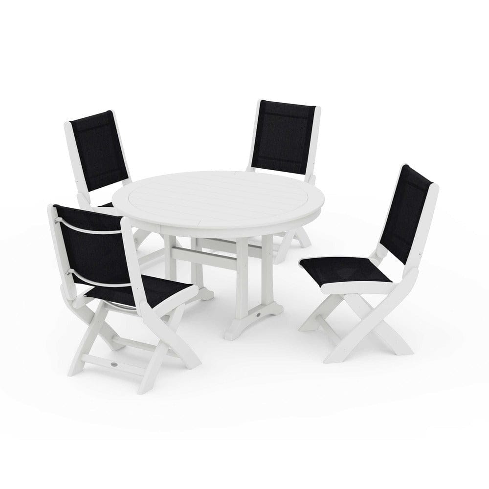 POLYWOOD® - Coastal Folding Side Chair 5-Piece Round Dining Set With Trestle Legs - PWS1121 Outdoor Furniture POLYWOOD®
