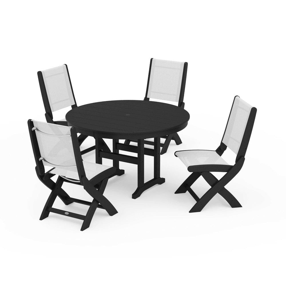 POLYWOOD® Outdoor Furniture Black / White Sling POLYWOOD® - Coastal Folding Side Chair 5-Piece Round Dining Set - PWS1358
