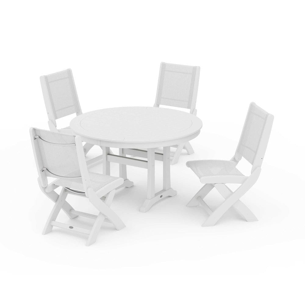 POLYWOOD® Outdoor Furniture White / White Sling POLYWOOD® - Coastal Folding Side Chair 5-Piece Round Dining Set With Trestle Legs - PWS1121