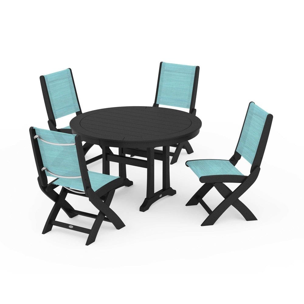 POLYWOOD® Outdoor Furniture Black / Dupioni Aquamarine Sling POLYWOOD® - Coastal Folding Side Chair 5-Piece Round Dining Set With Trestle Legs - PWS1121