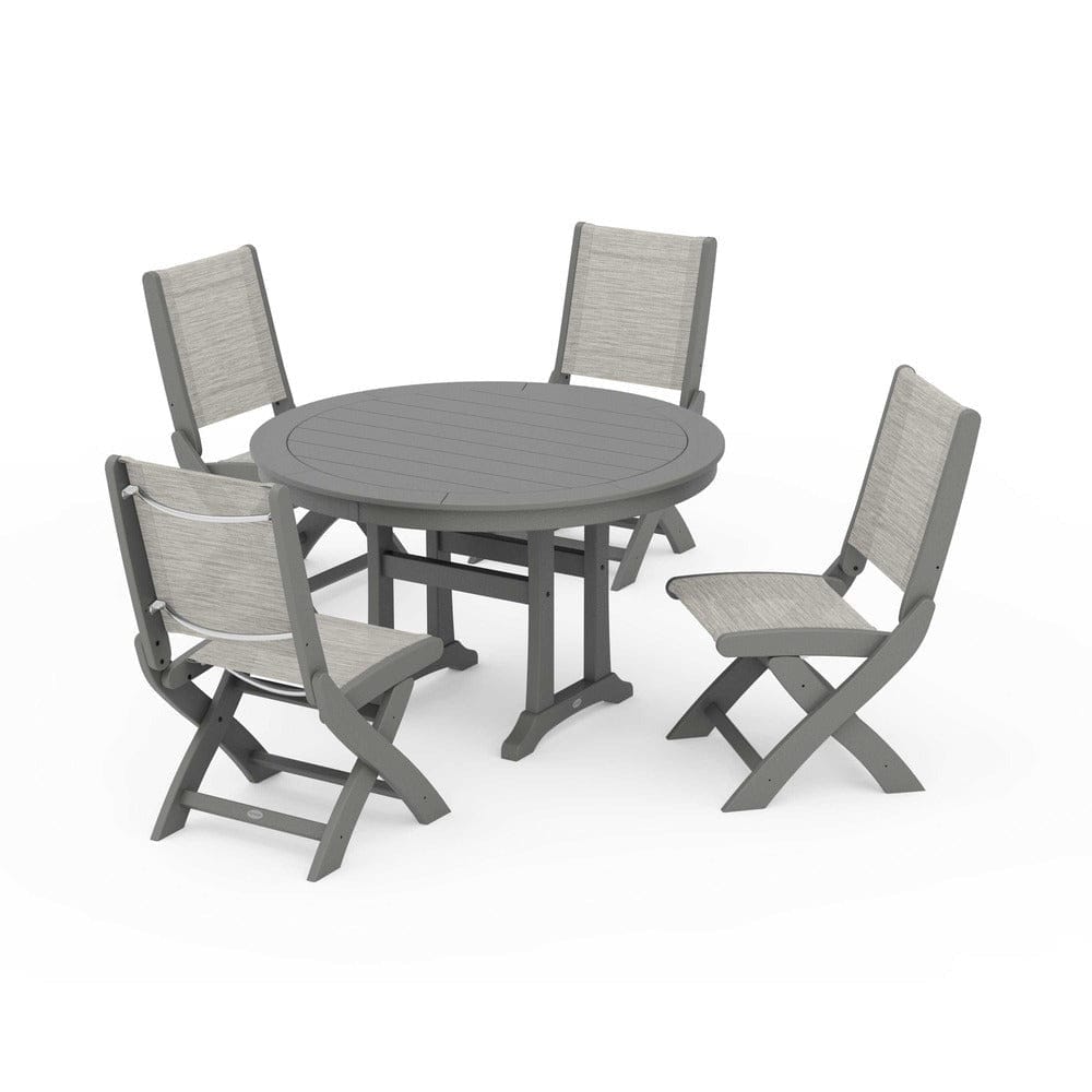 POLYWOOD® Outdoor Furniture Slate Grey / Birch Sling POLYWOOD® - Coastal Folding Side Chair 5-Piece Round Dining Set With Trestle Legs - PWS1121