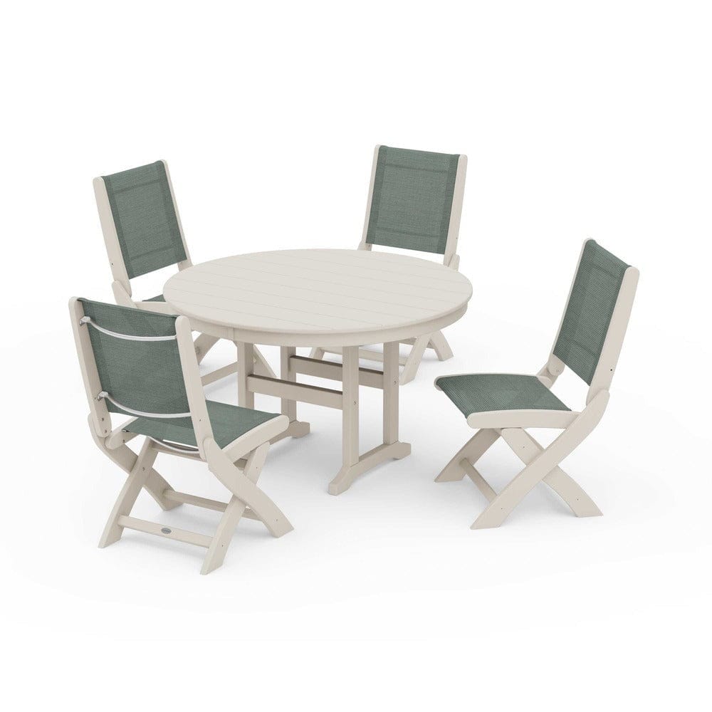 POLYWOOD® Outdoor Furniture Sand / Dupioni Sea Mist Sling POLYWOOD® - Coastal Folding Side Chair 5-Piece Round Dining Set - PWS1358