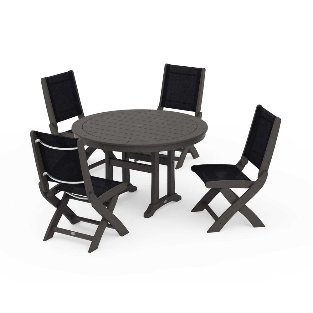 POLYWOOD® Outdoor Furniture Vintage Coffee / Black Sling POLYWOOD® - Coastal Folding Side Chair 5-Piece Round Dining Set With Trestle Legs - PWS1121