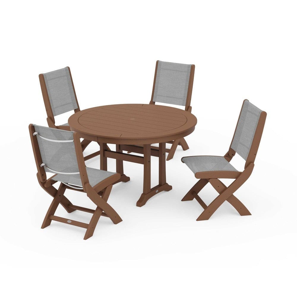 POLYWOOD® Outdoor Furniture Teak / Metallic Sling POLYWOOD® - Coastal Folding Side Chair 5-Piece Round Dining Set With Trestle Legs - PWS1121