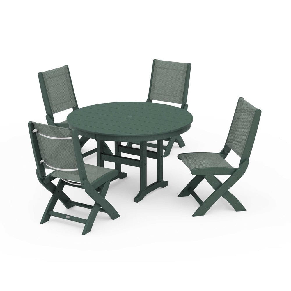 POLYWOOD® Outdoor Furniture Green / Dupioni Sea Mist Sling POLYWOOD® - Coastal Folding Side Chair 5-Piece Round Dining Set - PWS1358