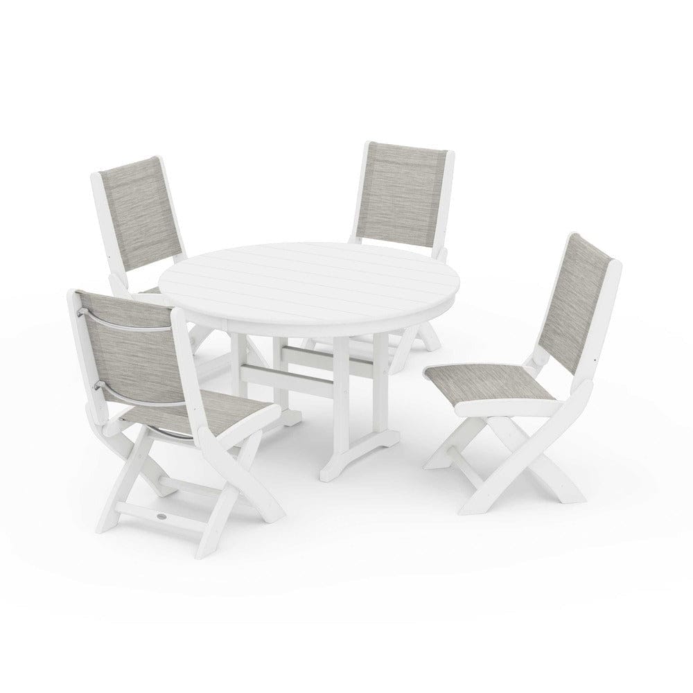 POLYWOOD® Outdoor Furniture White / Birch Sling POLYWOOD® - Coastal Folding Side Chair 5-Piece Round Dining Set - PWS1358