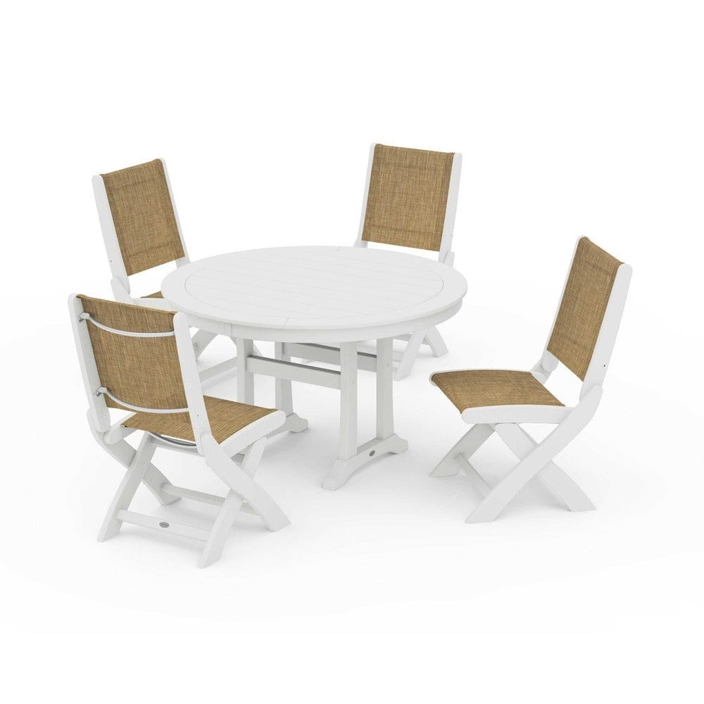 POLYWOOD® Outdoor Furniture POLYWOOD® - Coastal Folding Side Chair 5-Piece Round Dining Set With Trestle Legs - PWS1121