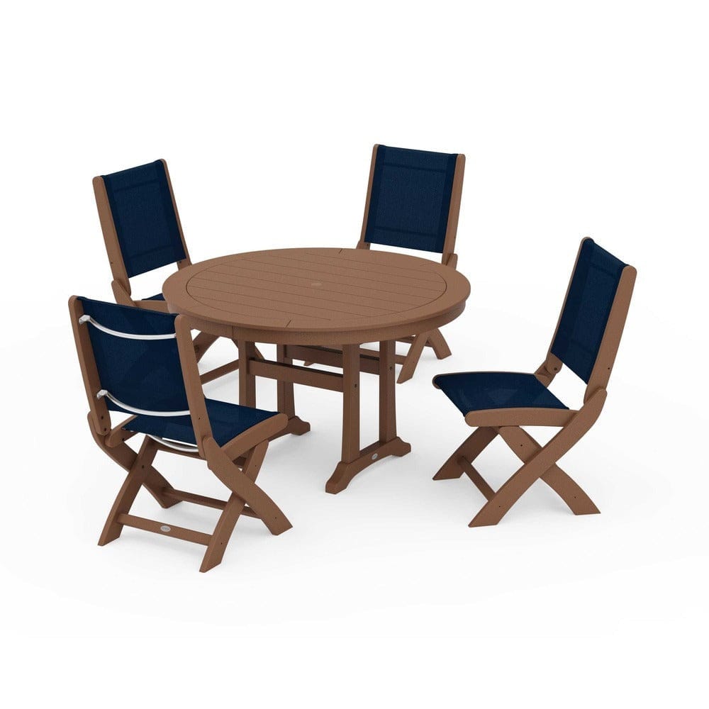 POLYWOOD® Outdoor Furniture Teak / Navy Blue Sling POLYWOOD® - Coastal Folding Side Chair 5-Piece Round Dining Set With Trestle Legs - PWS1121
