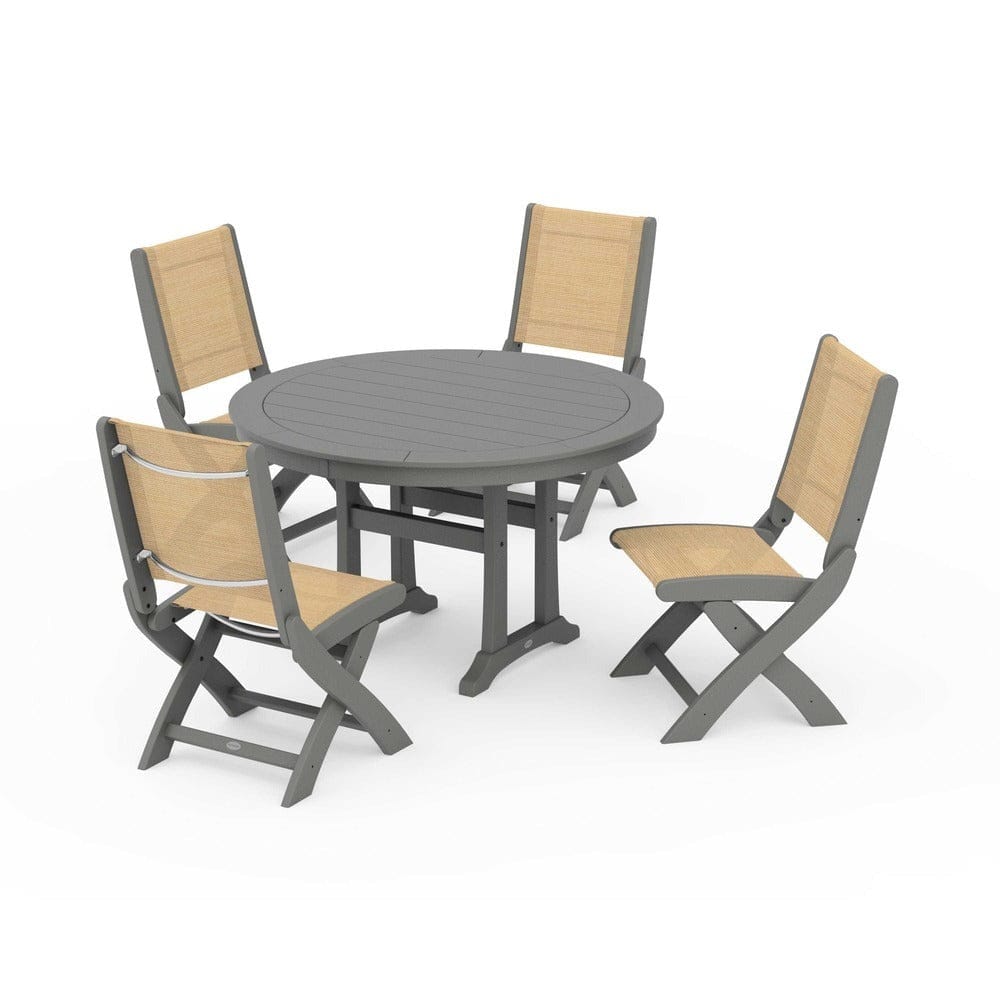 POLYWOOD® Outdoor Furniture Slate Grey / Dupioni Apricot Sling POLYWOOD® - Coastal Folding Side Chair 5-Piece Round Dining Set With Trestle Legs - PWS1121