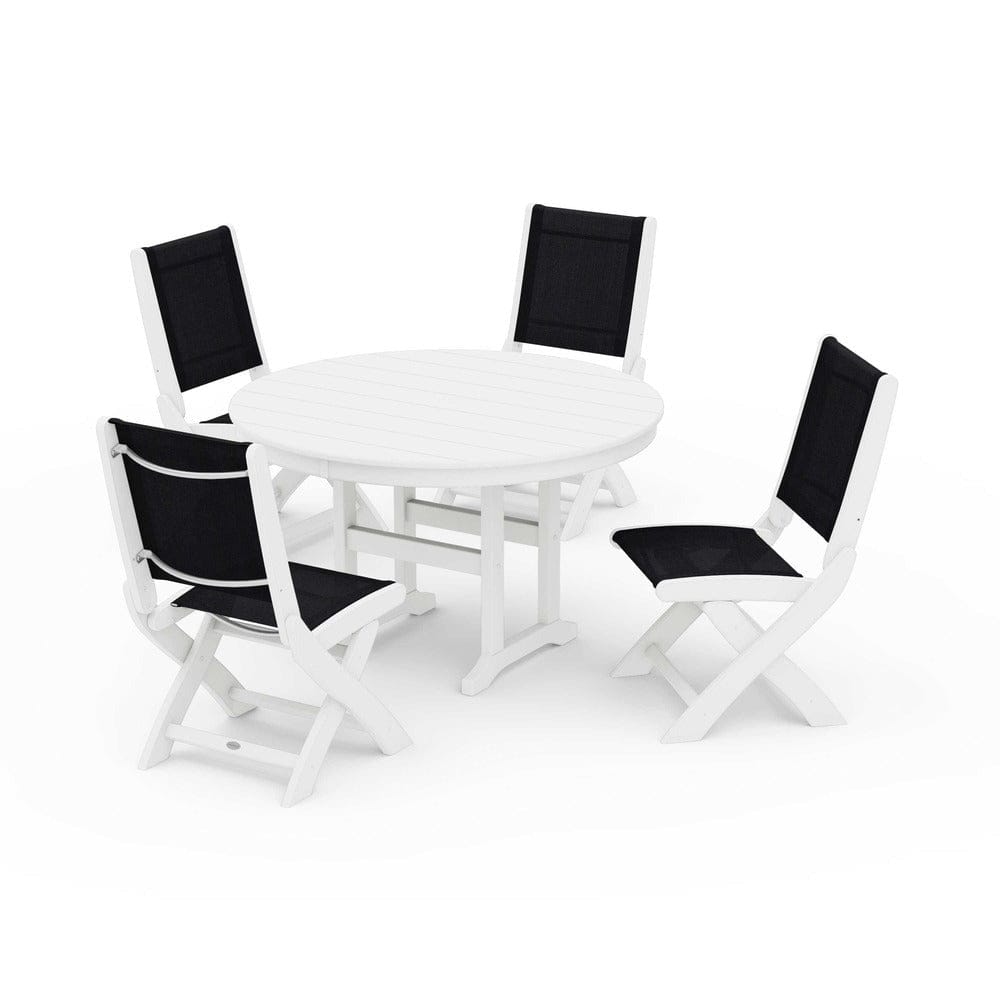 POLYWOOD® Outdoor Furniture White / Black Sling POLYWOOD® - Coastal Folding Side Chair 5-Piece Round Dining Set - PWS1358