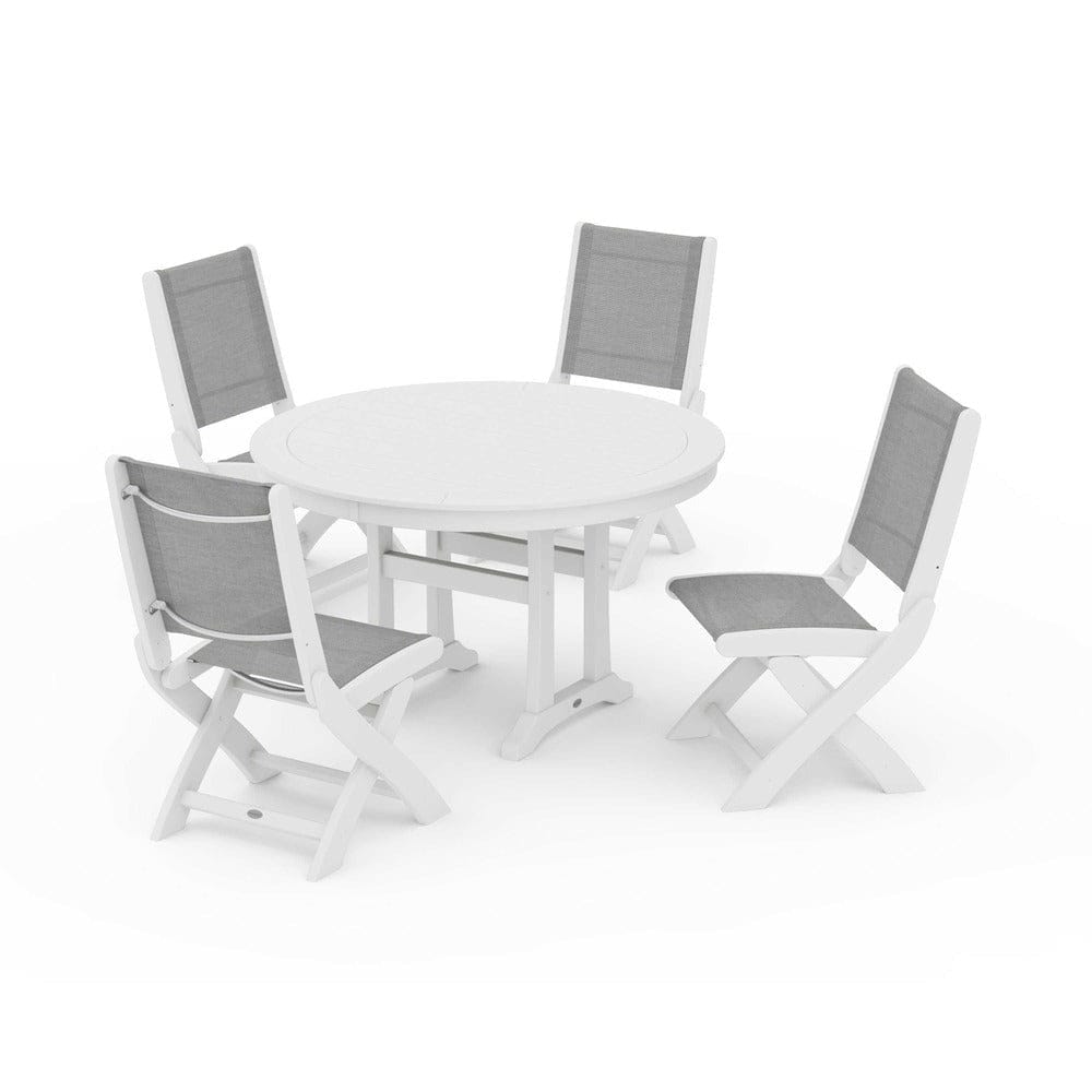 POLYWOOD® Outdoor Furniture White / Metallic Sling POLYWOOD® - Coastal Folding Side Chair 5-Piece Round Dining Set With Trestle Legs - PWS1121