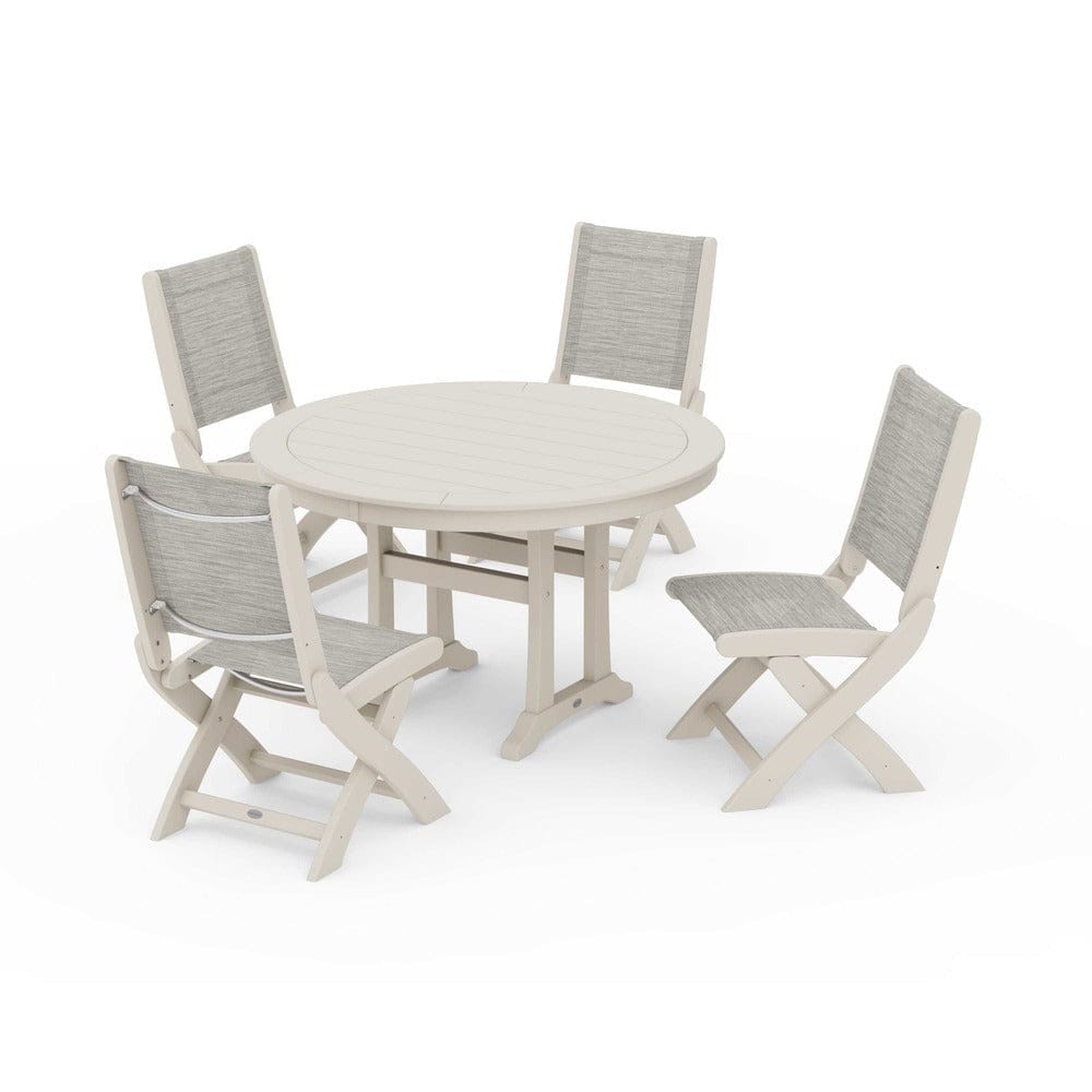 POLYWOOD® Outdoor Furniture Sand / Birch Sling POLYWOOD® - Coastal Folding Side Chair 5-Piece Round Dining Set With Trestle Legs - PWS1121