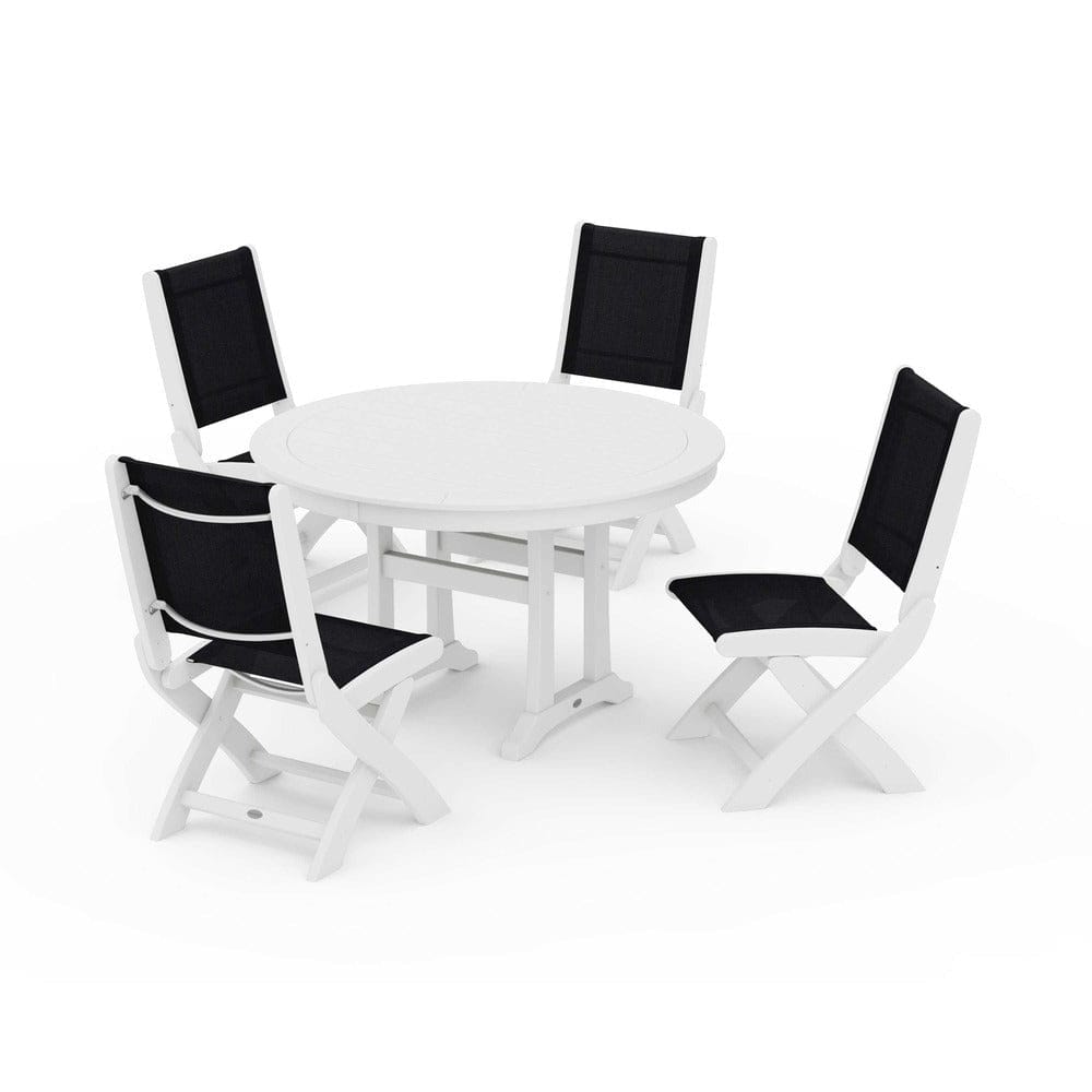 POLYWOOD® Outdoor Furniture White / Black Sling POLYWOOD® - Coastal Folding Side Chair 5-Piece Round Dining Set With Trestle Legs - PWS1121
